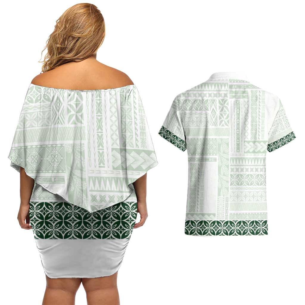 Samoa Siapo Green Trimmed Couples Matching Off Shoulder Short Dress and Hawaiian Shirt Samoa White Sunday - Polynesian Pride