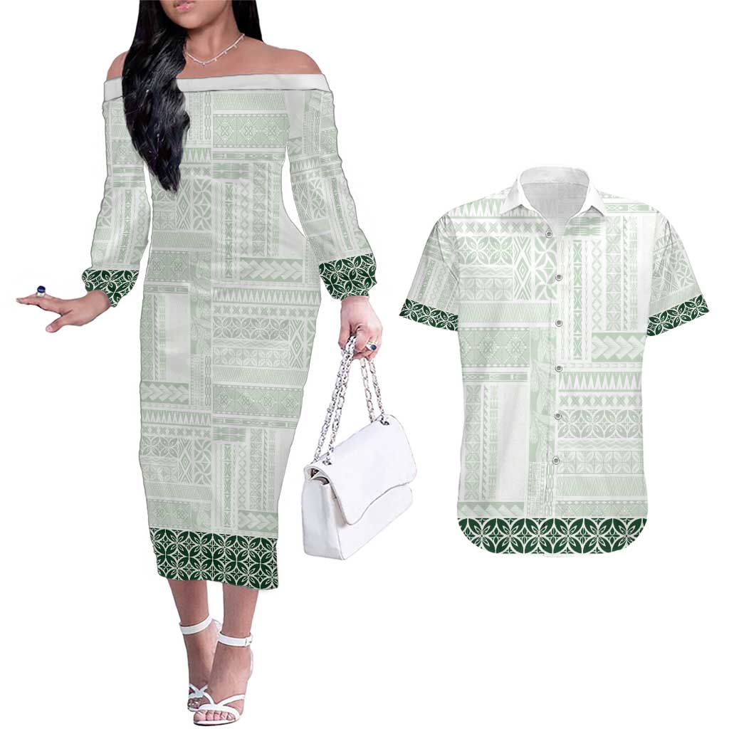 Samoa Siapo Green Trimmed Couples Matching Off The Shoulder Long Sleeve Dress and Hawaiian Shirt Samoa White Sunday LT01 Green - Polynesian Pride