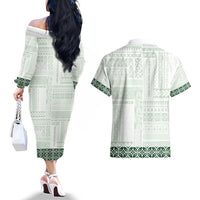 Samoa Siapo Green Trimmed Couples Matching Off The Shoulder Long Sleeve Dress and Hawaiian Shirt Samoa White Sunday LT01 - Polynesian Pride