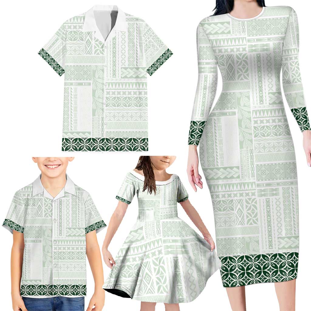Samoa Siapo Green Trimmed Family Matching Long Sleeve Bodycon Dress and Hawaiian Shirt Samoa White Sunday LT01 - Polynesian Pride