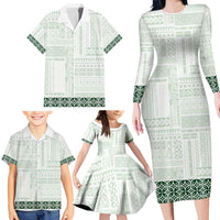 Samoa Siapo Green Trimmed Family Matching Long Sleeve Bodycon Dress and Hawaiian Shirt Samoa White Sunday LT01 - Polynesian Pride