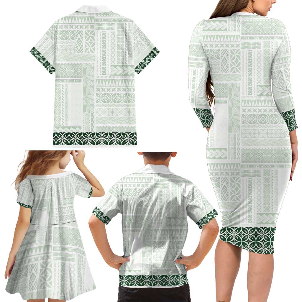 Samoa Siapo Green Trimmed Family Matching Long Sleeve Bodycon Dress and Hawaiian Shirt Samoa White Sunday LT01 - Polynesian Pride