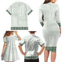 Samoa Siapo Green Trimmed Family Matching Long Sleeve Bodycon Dress and Hawaiian Shirt Samoa White Sunday LT01 - Polynesian Pride
