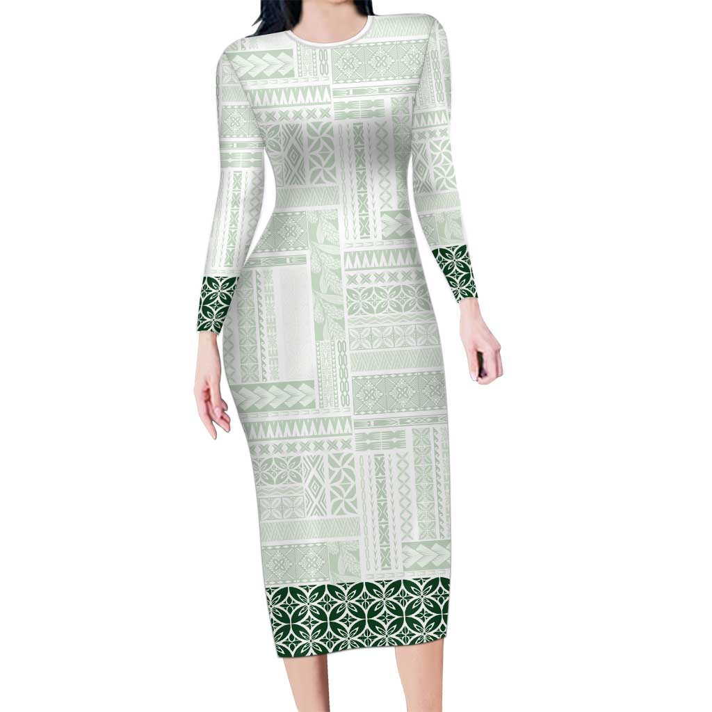 Samoa Siapo Green Trimmed Family Matching Long Sleeve Bodycon Dress and Hawaiian Shirt Samoa White Sunday LT01 Mom's Dress Green - Polynesian Pride