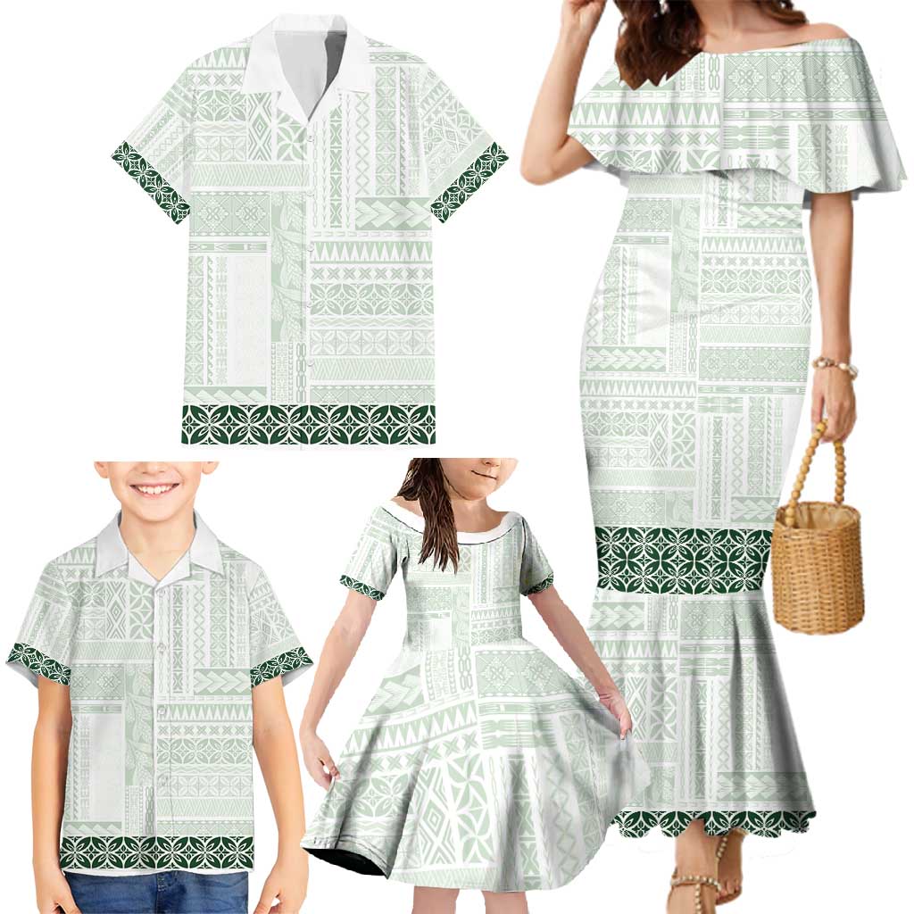 Samoa Siapo Green Trimmed Family Matching Mermaid Dress and Hawaiian Shirt Samoa White Sunday LT01 - Polynesian Pride