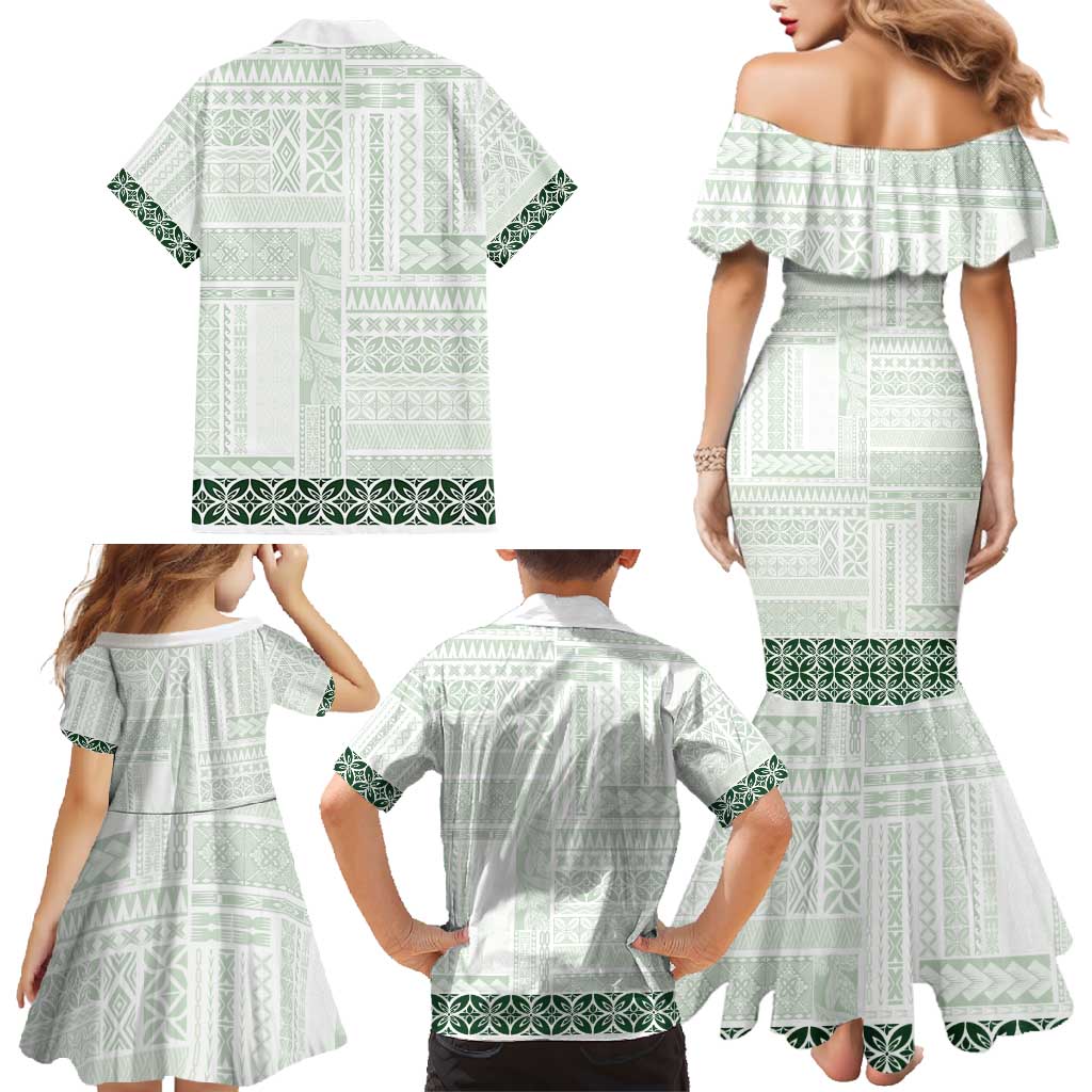 Samoa Siapo Green Trimmed Family Matching Mermaid Dress and Hawaiian Shirt Samoa White Sunday LT01 - Polynesian Pride