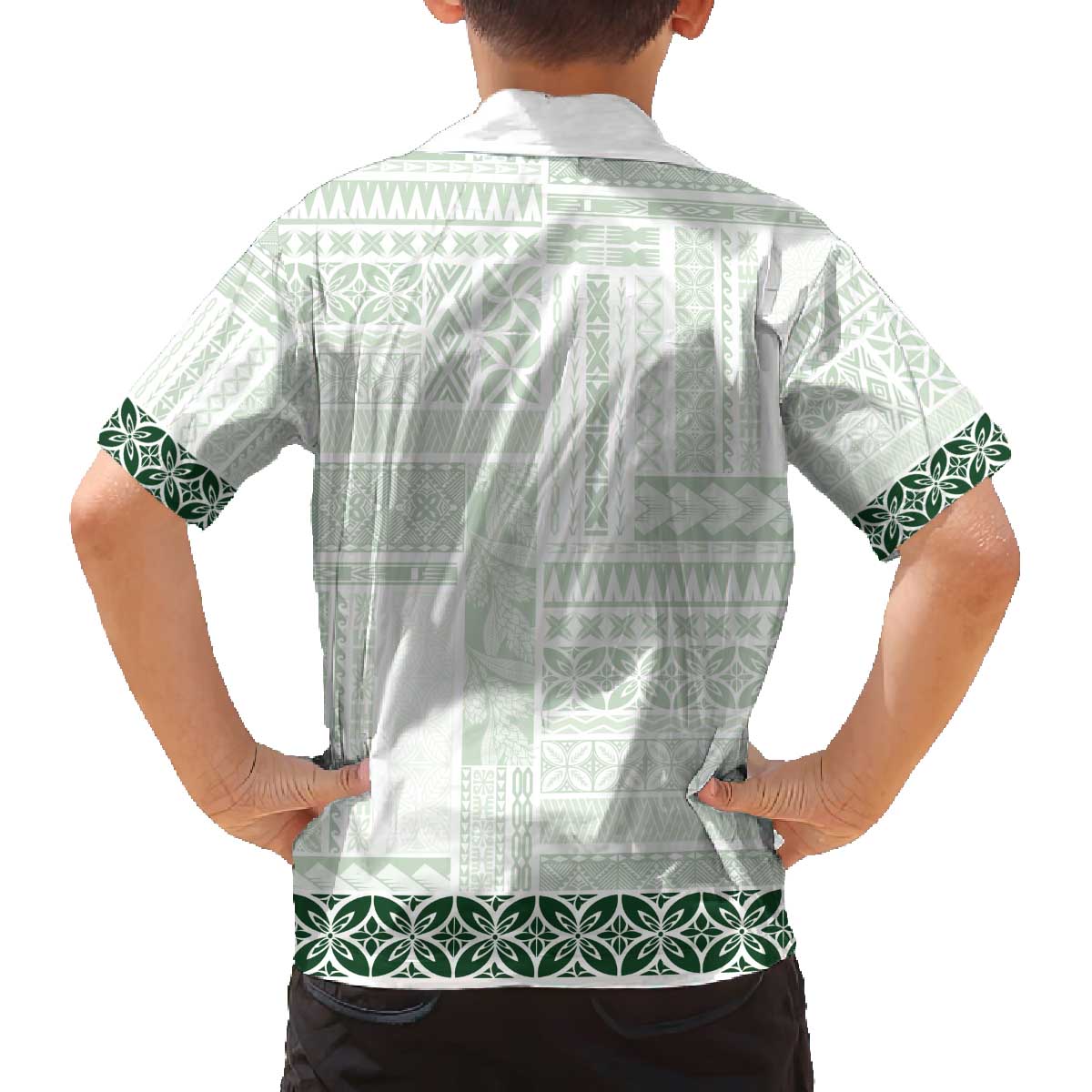 Samoa Siapo Green Trimmed Family Matching Off The Shoulder Long Sleeve Dress and Hawaiian Shirt Samoa White Sunday LT01 - Polynesian Pride