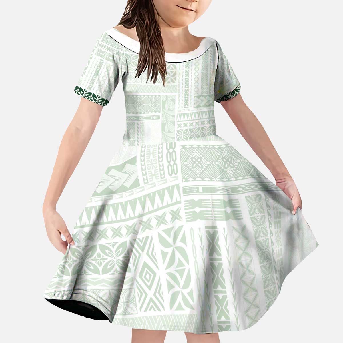 Samoa Siapo Green Trimmed Family Matching Off The Shoulder Long Sleeve Dress and Hawaiian Shirt Samoa White Sunday LT01 Daughter's Dress Green - Polynesian Pride