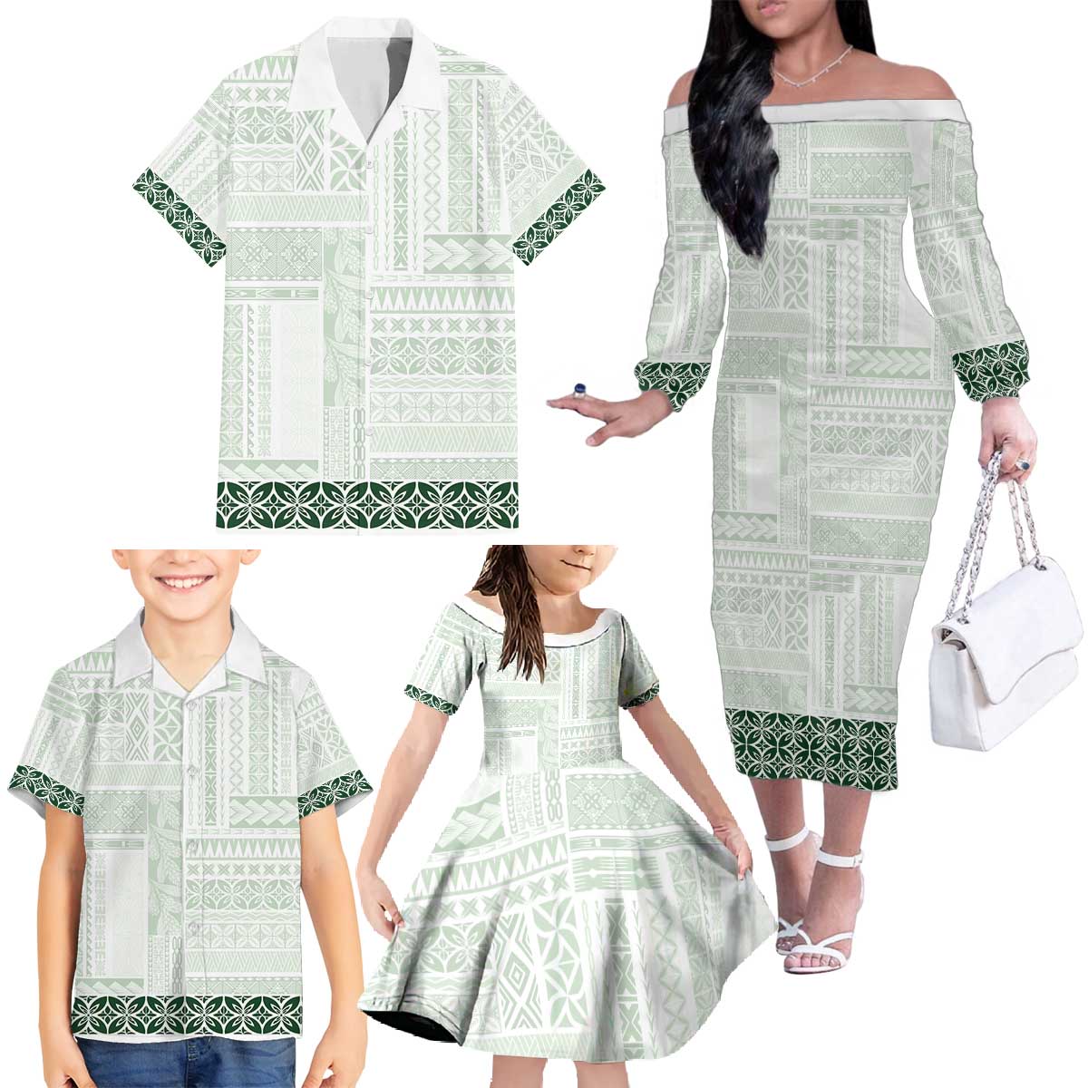 Samoa Siapo Green Trimmed Family Matching Off The Shoulder Long Sleeve Dress and Hawaiian Shirt Samoa White Sunday LT01 - Polynesian Pride
