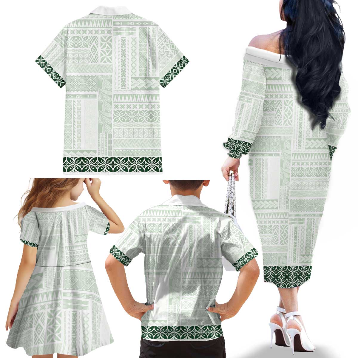 Samoa Siapo Green Trimmed Family Matching Off The Shoulder Long Sleeve Dress and Hawaiian Shirt Samoa White Sunday LT01 - Polynesian Pride
