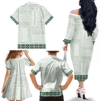 Samoa Siapo Green Trimmed Family Matching Off The Shoulder Long Sleeve Dress and Hawaiian Shirt Samoa White Sunday LT01 - Polynesian Pride