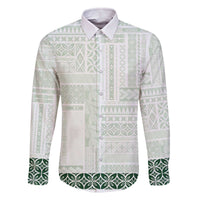 Samoa Siapo Green Trimmed Family Matching Off The Shoulder Long Sleeve Dress and Hawaiian Shirt Samoa White Sunday LT01 Dad's Shirt - Long Sleeve Green - Polynesian Pride