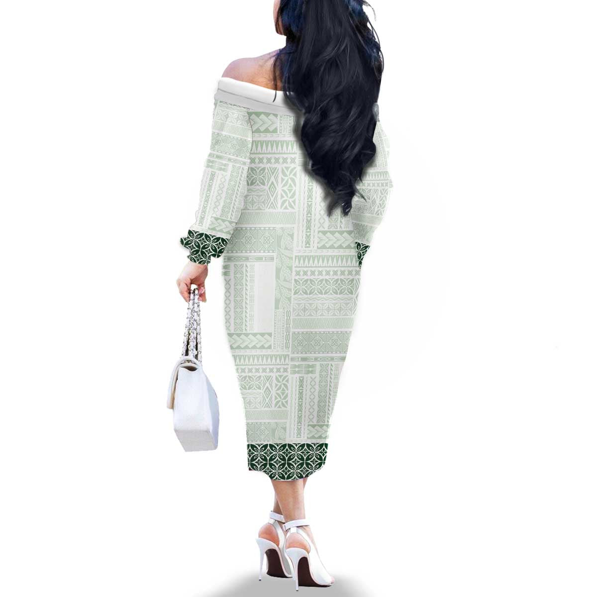 Samoa Siapo Green Trimmed Family Matching Off The Shoulder Long Sleeve Dress and Hawaiian Shirt Samoa White Sunday LT01 - Polynesian Pride