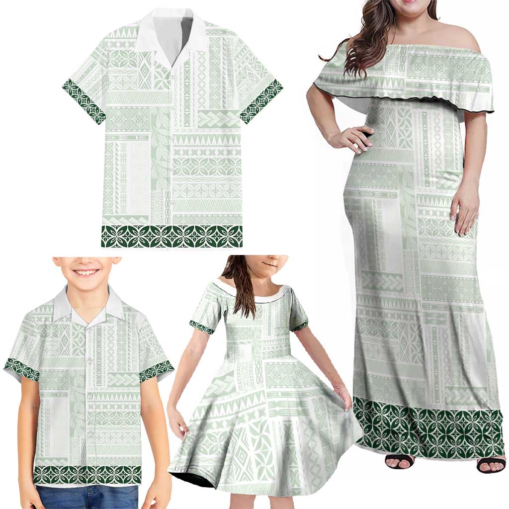Samoa Siapo Green Trimmed Family Matching Off Shoulder Maxi Dress and Hawaiian Shirt Samoa White Sunday LT01 - Polynesian Pride