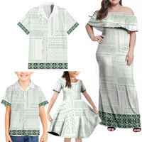 Samoa Siapo Green Trimmed Family Matching Off Shoulder Maxi Dress and Hawaiian Shirt Samoa White Sunday LT01 - Polynesian Pride