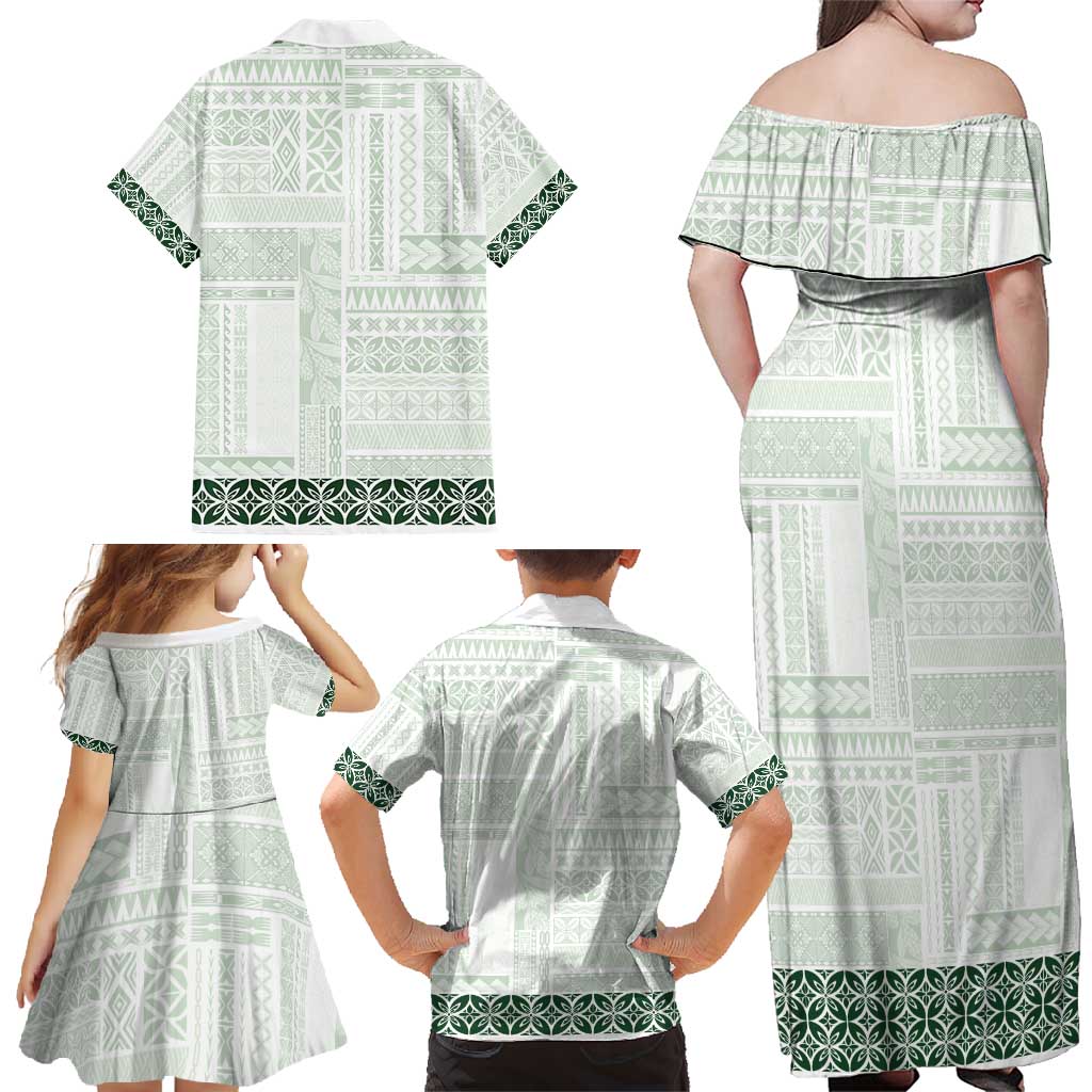 Samoa Siapo Green Trimmed Family Matching Off Shoulder Maxi Dress and Hawaiian Shirt Samoa White Sunday LT01 - Polynesian Pride
