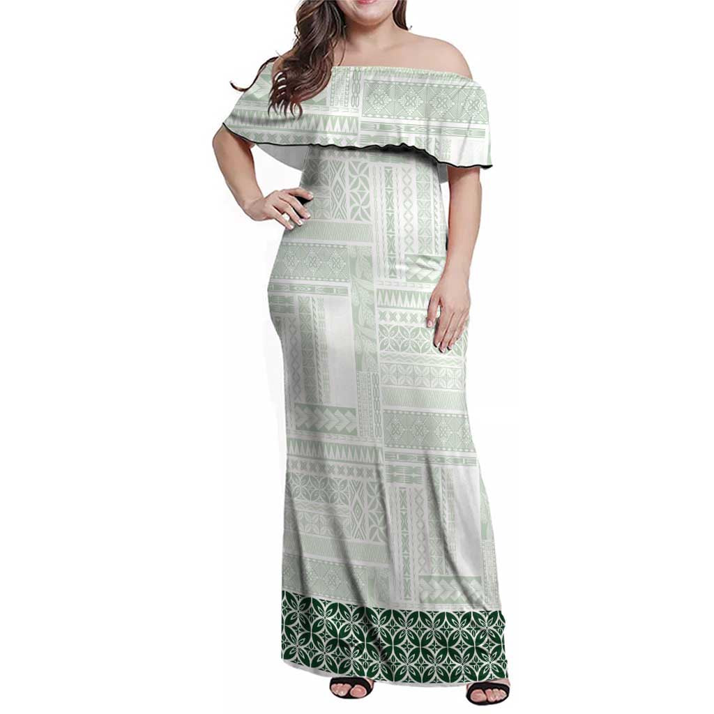 Samoa Siapo Green Trimmed Family Matching Off Shoulder Maxi Dress and Hawaiian Shirt Samoa White Sunday LT01 Mom's Dress Green - Polynesian Pride
