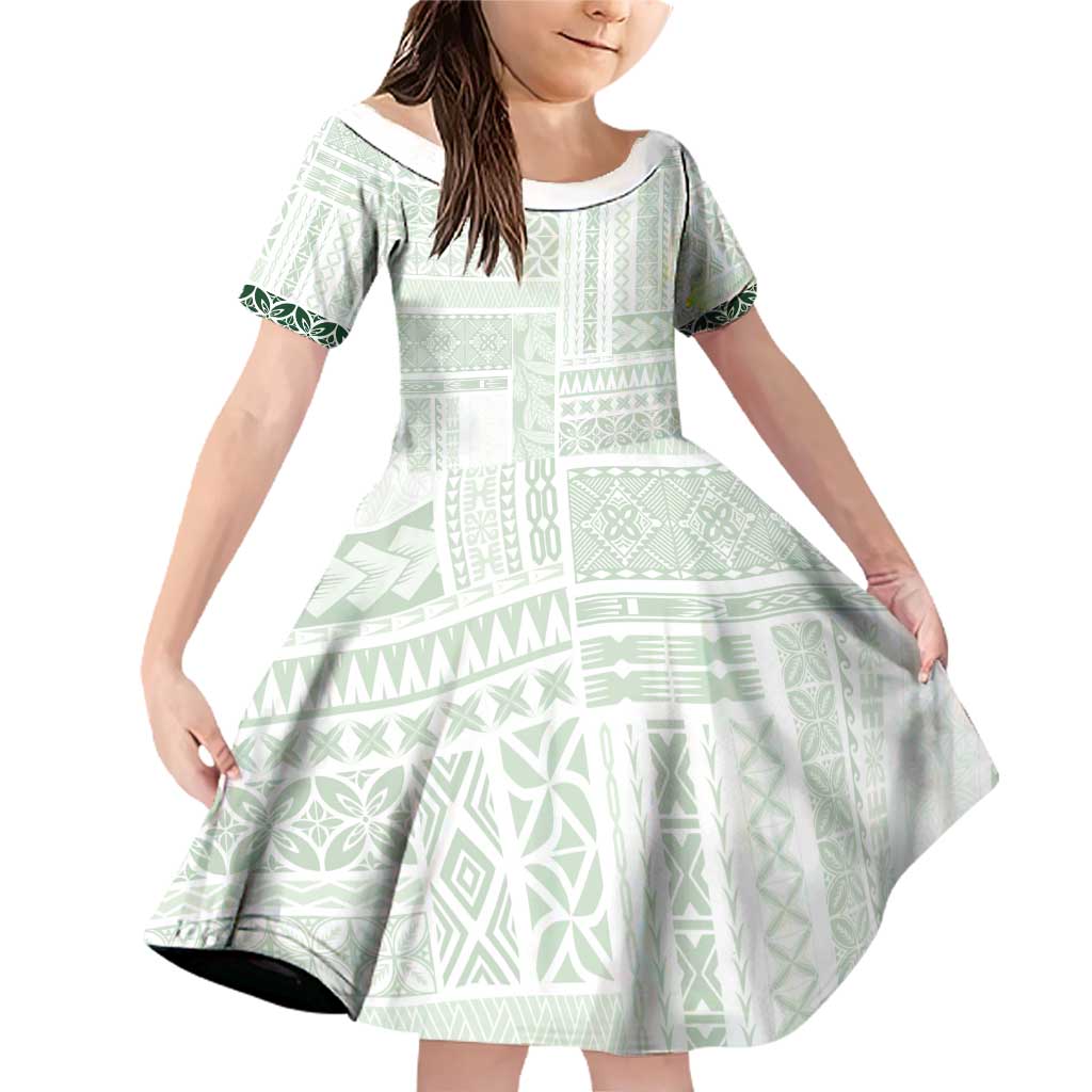 Samoa Siapo Green Trimmed Family Matching Off Shoulder Short Dress and Hawaiian Shirt Samoa White Sunday LT01 Daughter's Dress Green - Polynesian Pride