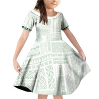Samoa Siapo Green Trimmed Family Matching Off Shoulder Short Dress and Hawaiian Shirt Samoa White Sunday LT01 Daughter's Dress Green - Polynesian Pride