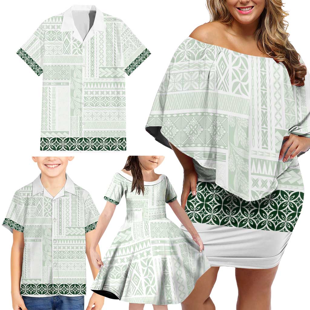 Samoa Siapo Green Trimmed Family Matching Off Shoulder Short Dress and Hawaiian Shirt Samoa White Sunday LT01 - Polynesian Pride