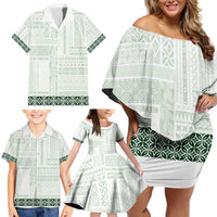 Samoa Siapo Green Trimmed Family Matching Off Shoulder Short Dress and Hawaiian Shirt Samoa White Sunday LT01 - Polynesian Pride