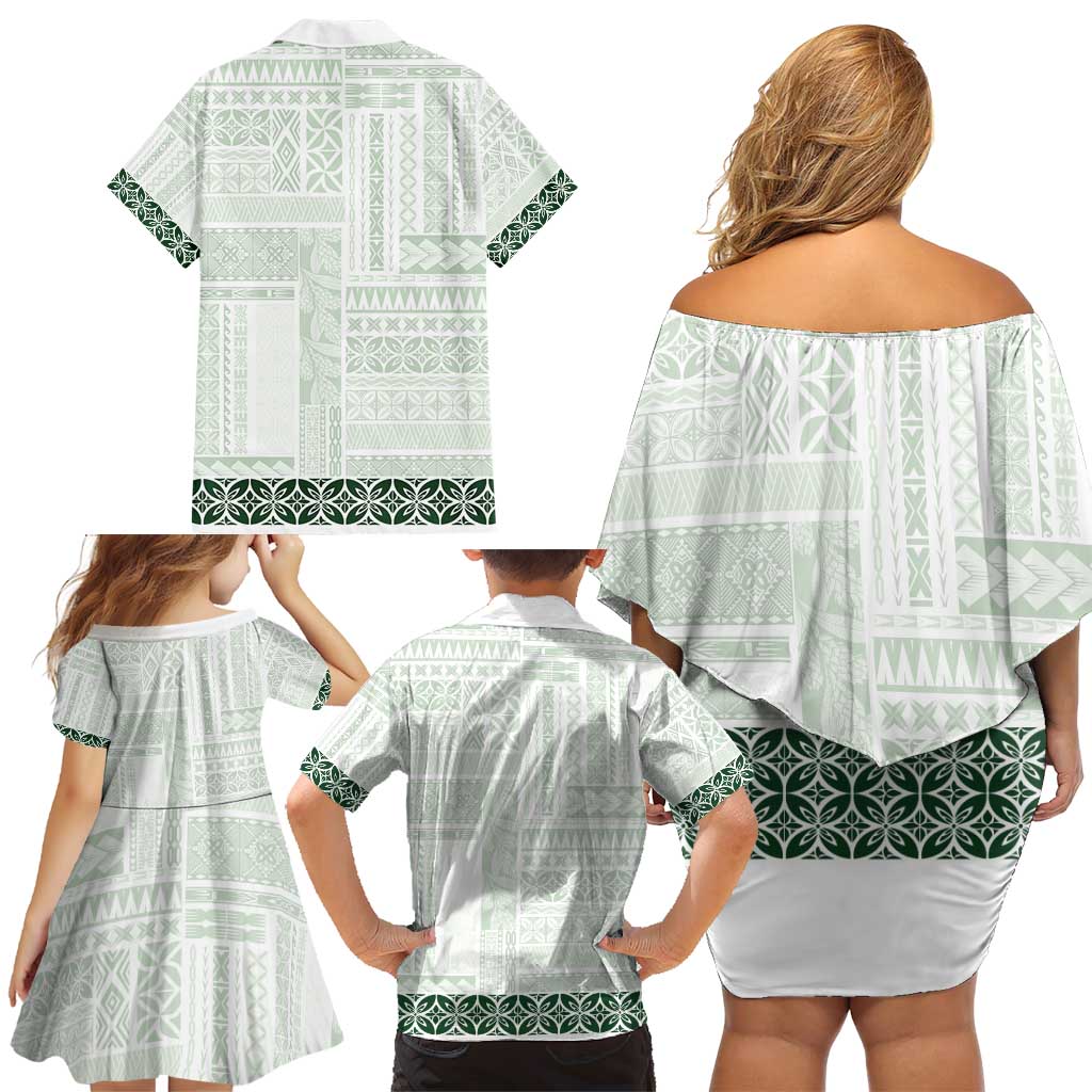 Samoa Siapo Green Trimmed Family Matching Off Shoulder Short Dress and Hawaiian Shirt Samoa White Sunday LT01 - Polynesian Pride