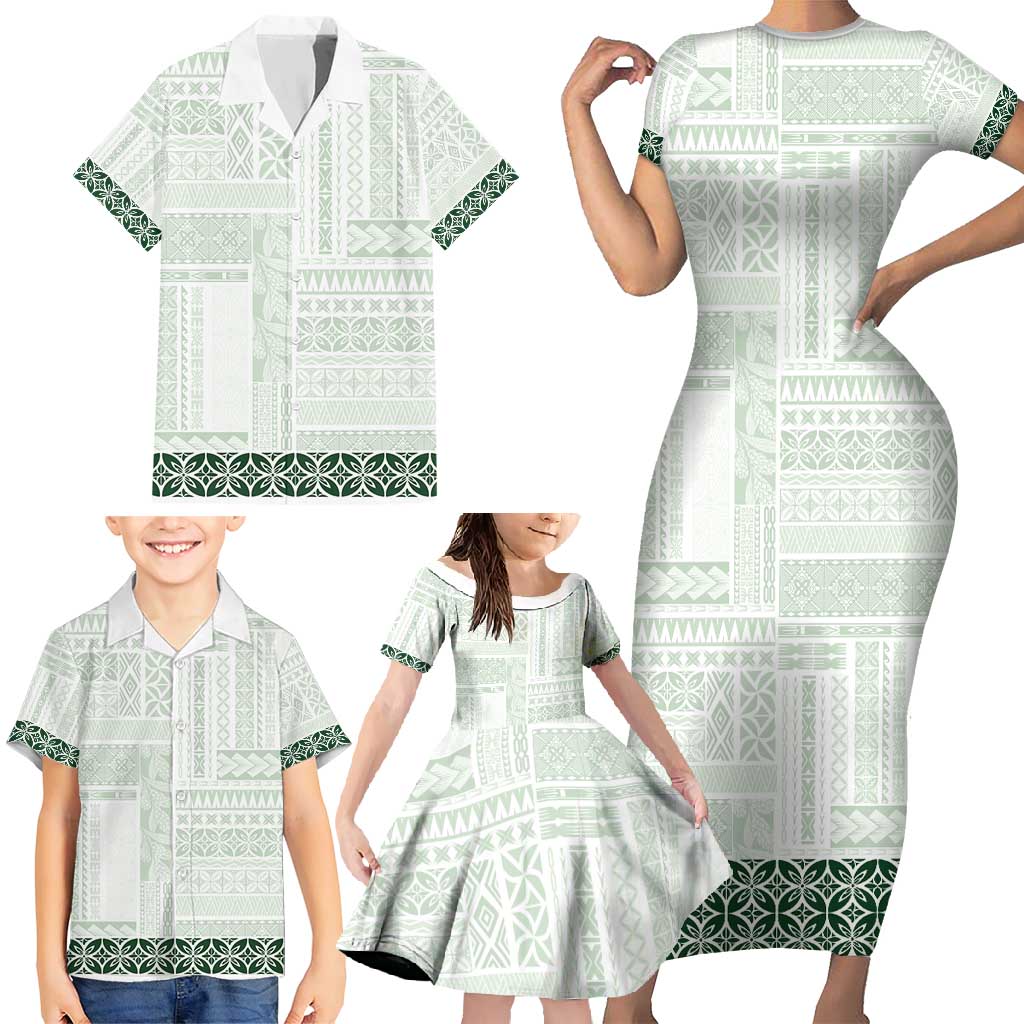 Samoa Siapo Green Trimmed Family Matching Short Sleeve Bodycon Dress and Hawaiian Shirt Samoa White Sunday LT01 - Polynesian Pride