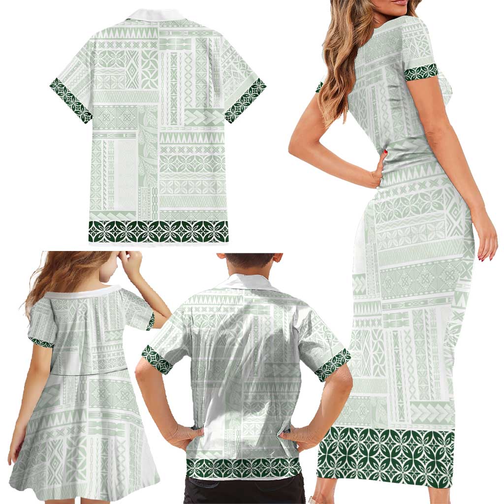 Samoa Siapo Green Trimmed Family Matching Short Sleeve Bodycon Dress and Hawaiian Shirt Samoa White Sunday LT01 - Polynesian Pride
