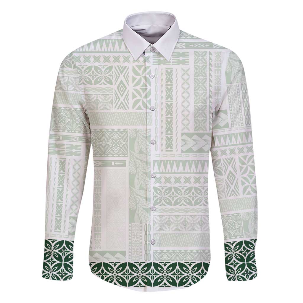 Samoa Siapo Green Trimmed Family Matching Short Sleeve Bodycon Dress and Hawaiian Shirt Samoa White Sunday LT01 Dad's Shirt - Long Sleeve Green - Polynesian Pride