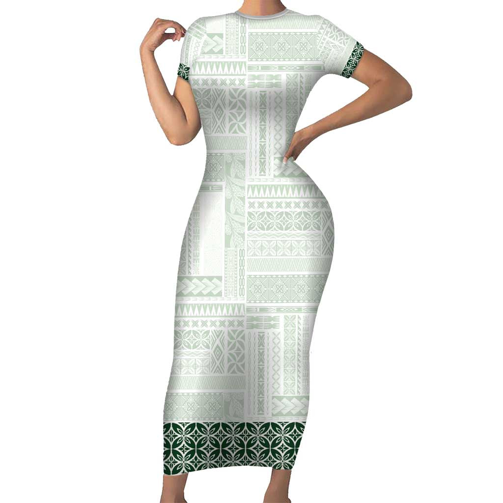 Samoa Siapo Green Trimmed Family Matching Short Sleeve Bodycon Dress and Hawaiian Shirt Samoa White Sunday LT01 Mom's Dress Green - Polynesian Pride