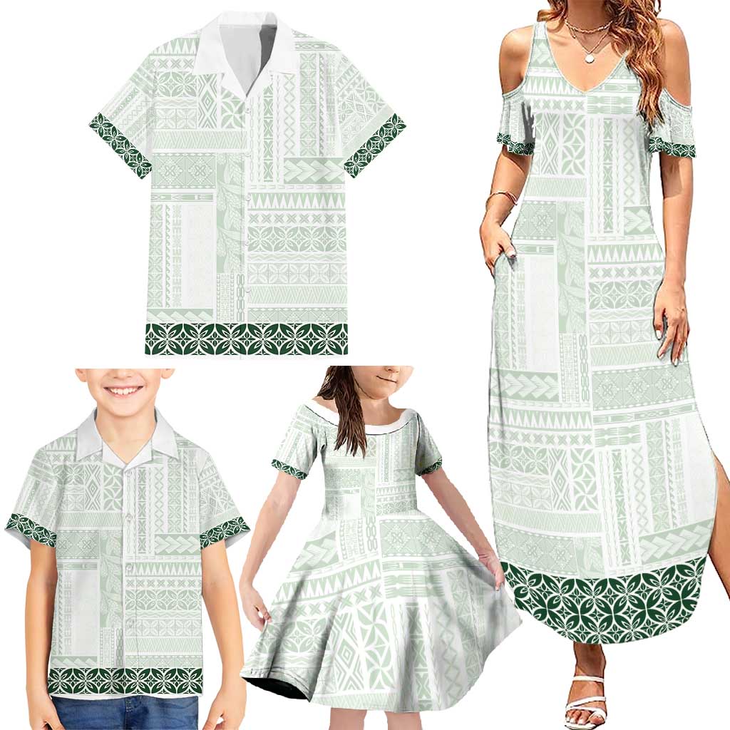 Samoa Siapo Green Trimmed Family Matching Summer Maxi Dress and Hawaiian Shirt Samoa White Sunday LT01 - Polynesian Pride