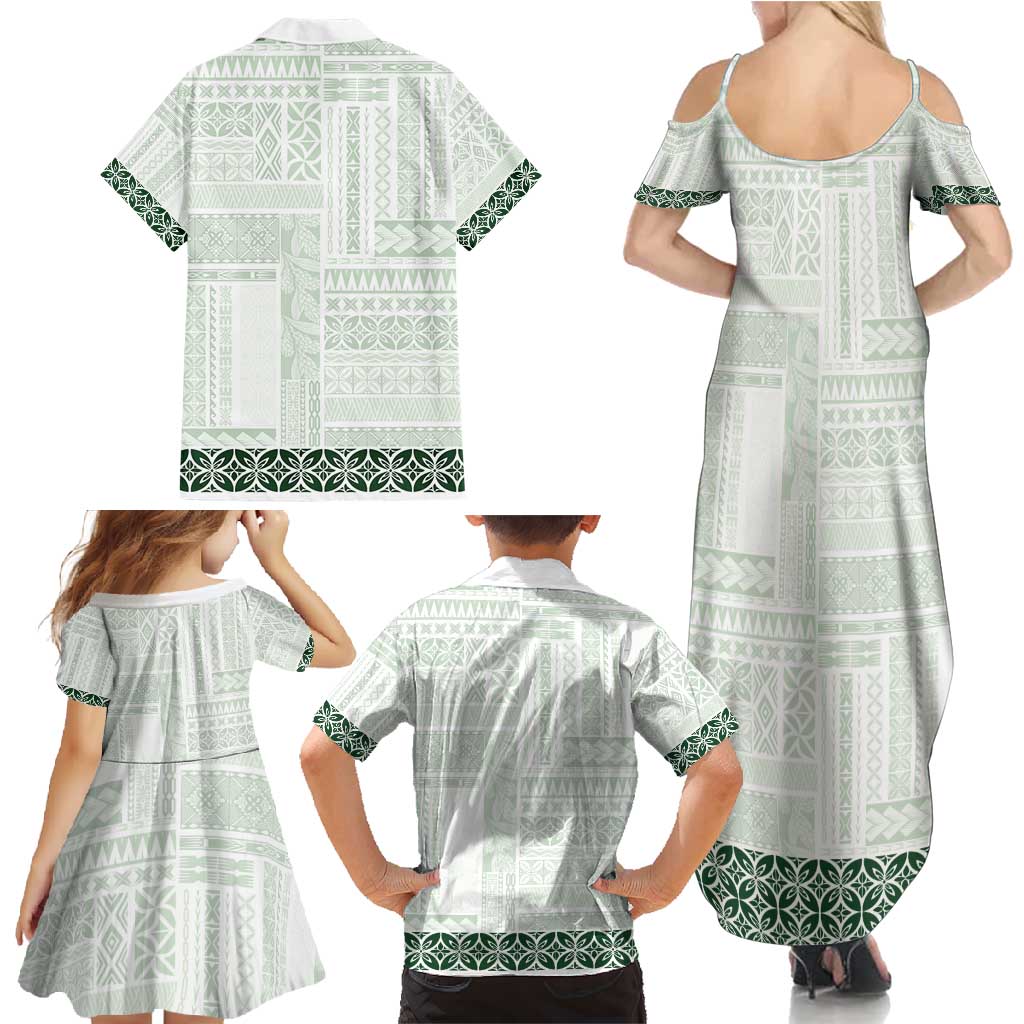 Samoa Siapo Green Trimmed Family Matching Summer Maxi Dress and Hawaiian Shirt Samoa White Sunday LT01 - Polynesian Pride