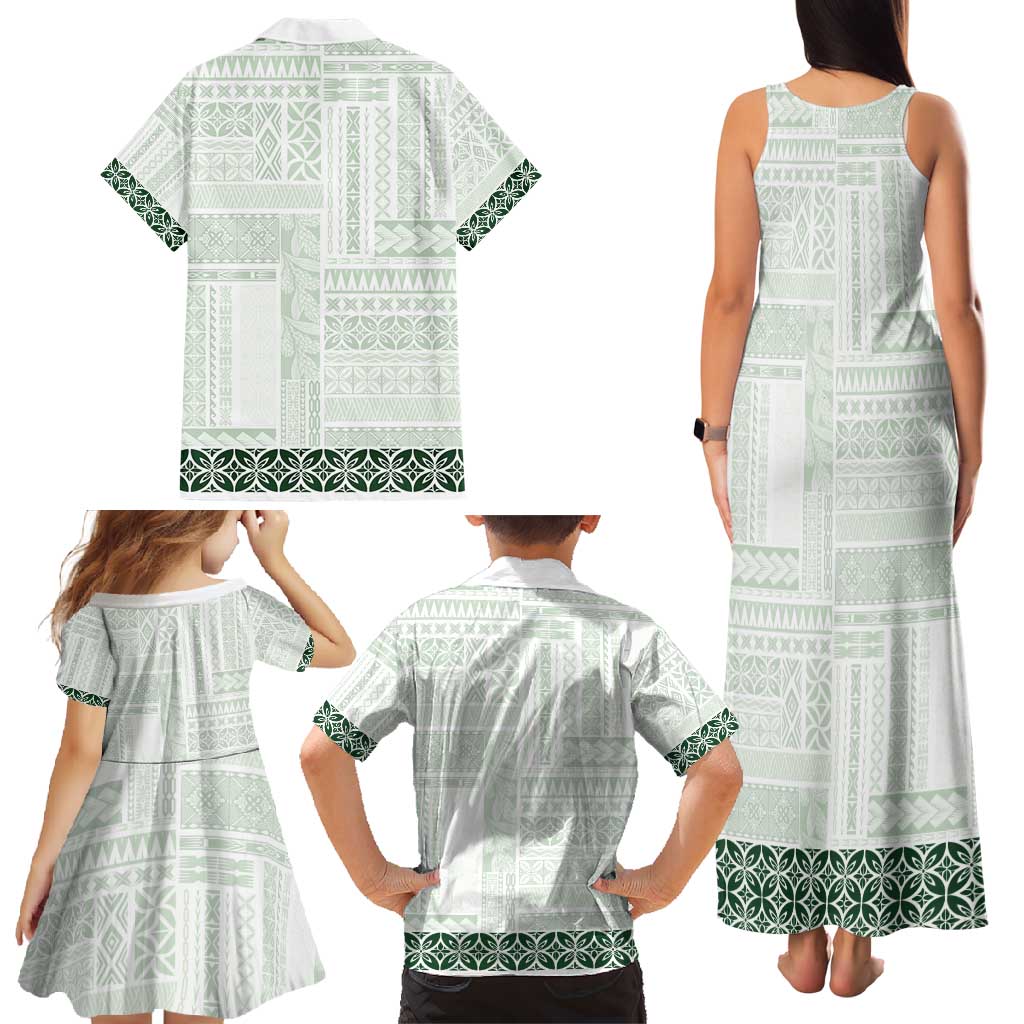 Samoa Siapo Green Trimmed Family Matching Tank Maxi Dress and Hawaiian Shirt Samoa White Sunday LT01 - Polynesian Pride