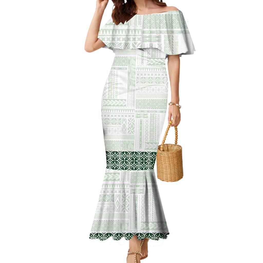 Samoa Siapo Green Trimmed Mermaid Dress Samoa White Sunday LT01 Women Green - Polynesian Pride