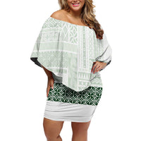 Samoa Siapo Green Trimmed Off Shoulder Short Dress Samoa White Sunday LT01 Women Green - Polynesian Pride