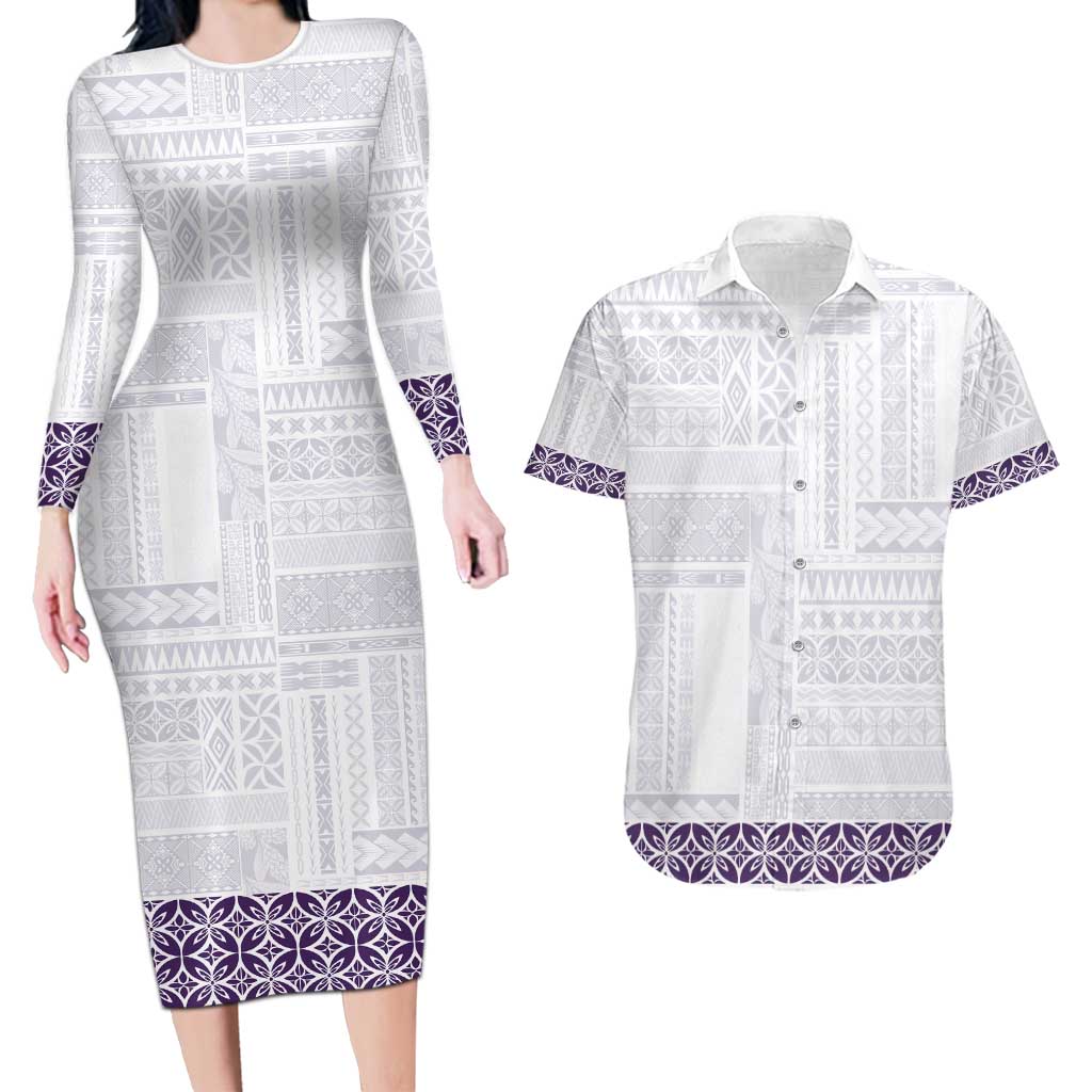 Samoa Siapo Purple Trimmed Couples Matching Long Sleeve Bodycon Dress and Hawaiian Shirt Samoa White Sunday LT01 Purple - Polynesian Pride
