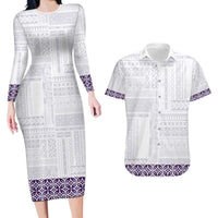 Samoa Siapo Purple Trimmed Couples Matching Long Sleeve Bodycon Dress and Hawaiian Shirt Samoa White Sunday LT01 Purple - Polynesian Pride
