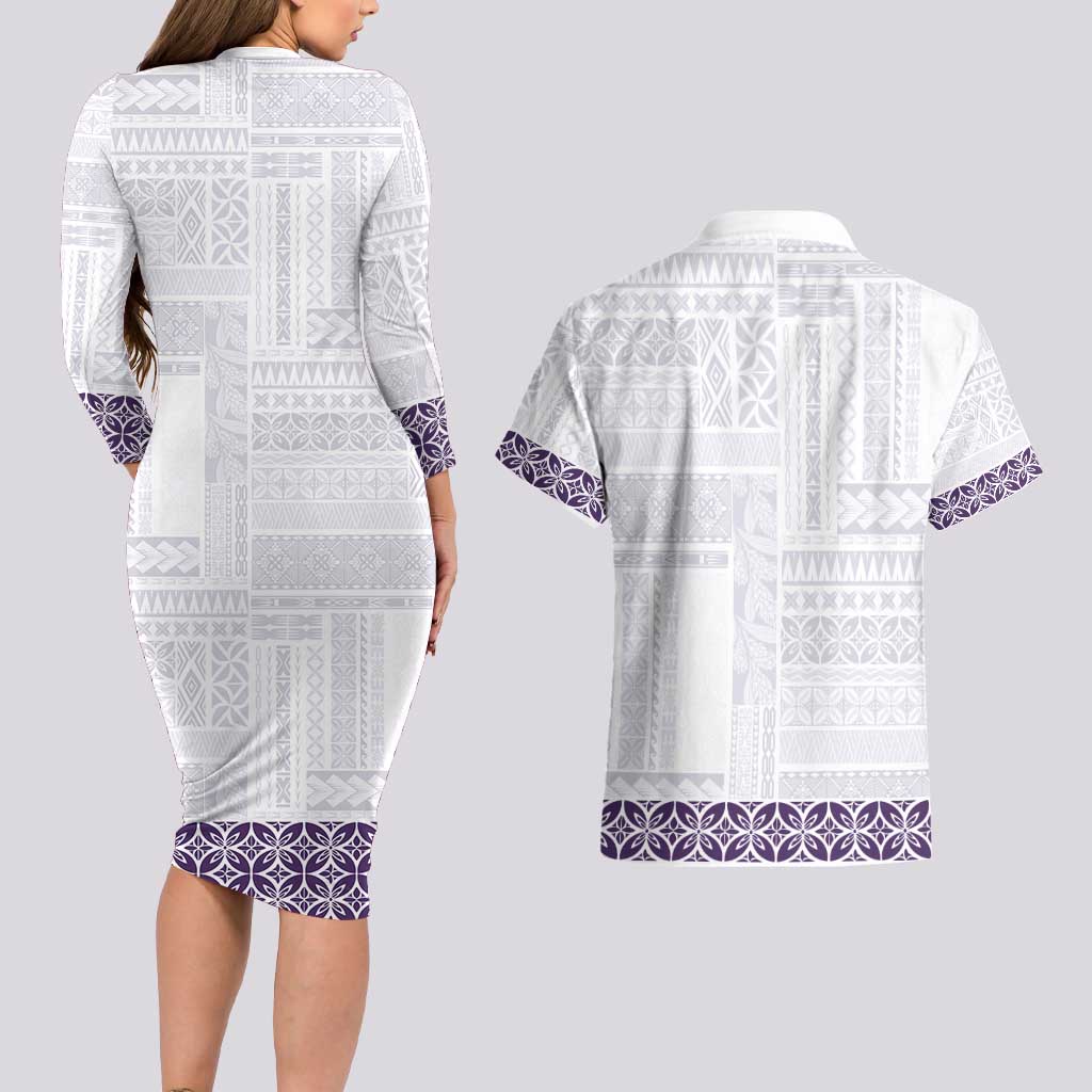 Samoa Siapo Purple Trimmed Couples Matching Long Sleeve Bodycon Dress and Hawaiian Shirt Samoa White Sunday LT01 - Polynesian Pride