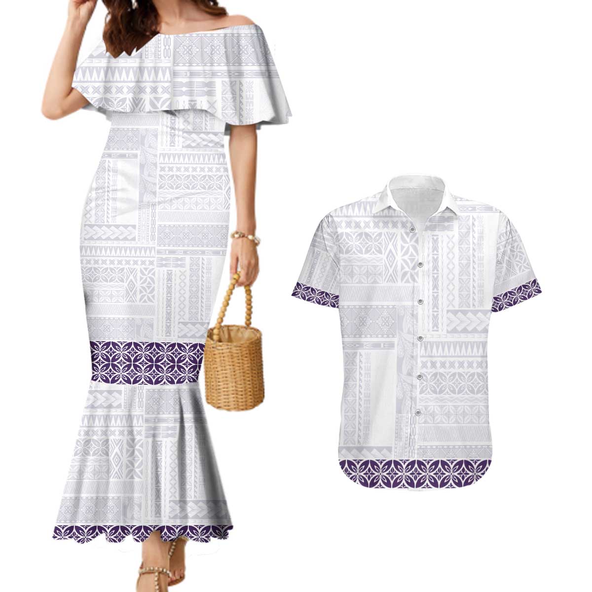 Samoa Siapo Purple Trimmed Couples Matching Mermaid Dress and Hawaiian Shirt Samoa White Sunday - Polynesian Pride