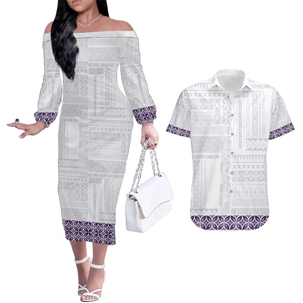 Samoa Siapo Purple Trimmed Couples Matching Off The Shoulder Long Sleeve Dress and Hawaiian Shirt Samoa White Sunday LT01 Purple - Polynesian Pride