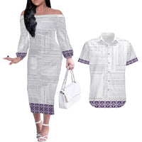 Samoa Siapo Purple Trimmed Couples Matching Off The Shoulder Long Sleeve Dress and Hawaiian Shirt Samoa White Sunday LT01 Purple - Polynesian Pride