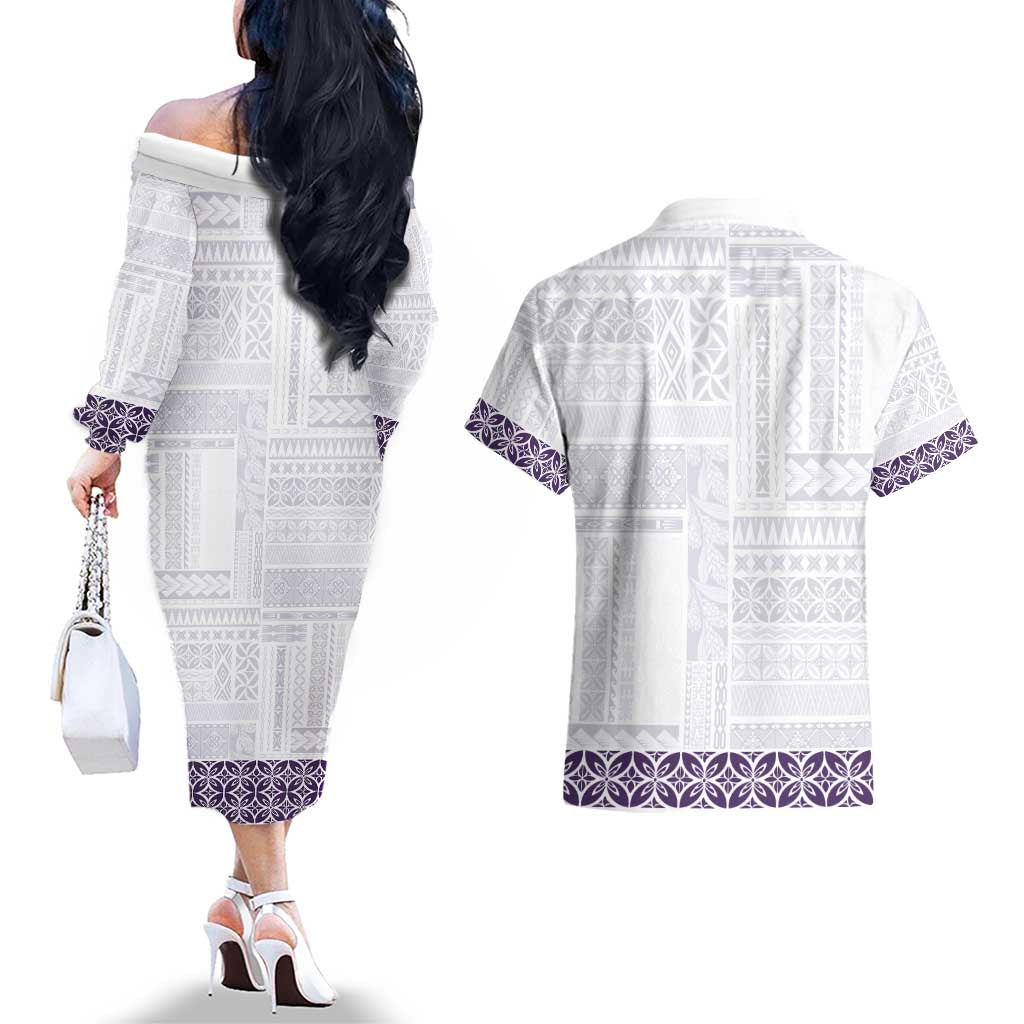 Samoa Siapo Purple Trimmed Couples Matching Off The Shoulder Long Sleeve Dress and Hawaiian Shirt Samoa White Sunday LT01 - Polynesian Pride