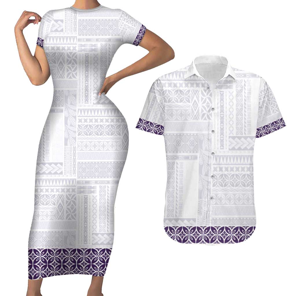 Samoa Siapo Purple Trimmed Couples Matching Short Sleeve Bodycon Dress and Hawaiian Shirt Samoa White Sunday LT01 Purple - Polynesian Pride
