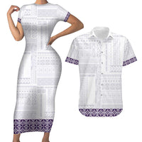 Samoa Siapo Purple Trimmed Couples Matching Short Sleeve Bodycon Dress and Hawaiian Shirt Samoa White Sunday LT01 Purple - Polynesian Pride