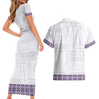 Samoa Siapo Purple Trimmed Couples Matching Short Sleeve Bodycon Dress and Hawaiian Shirt Samoa White Sunday LT01 - Polynesian Pride