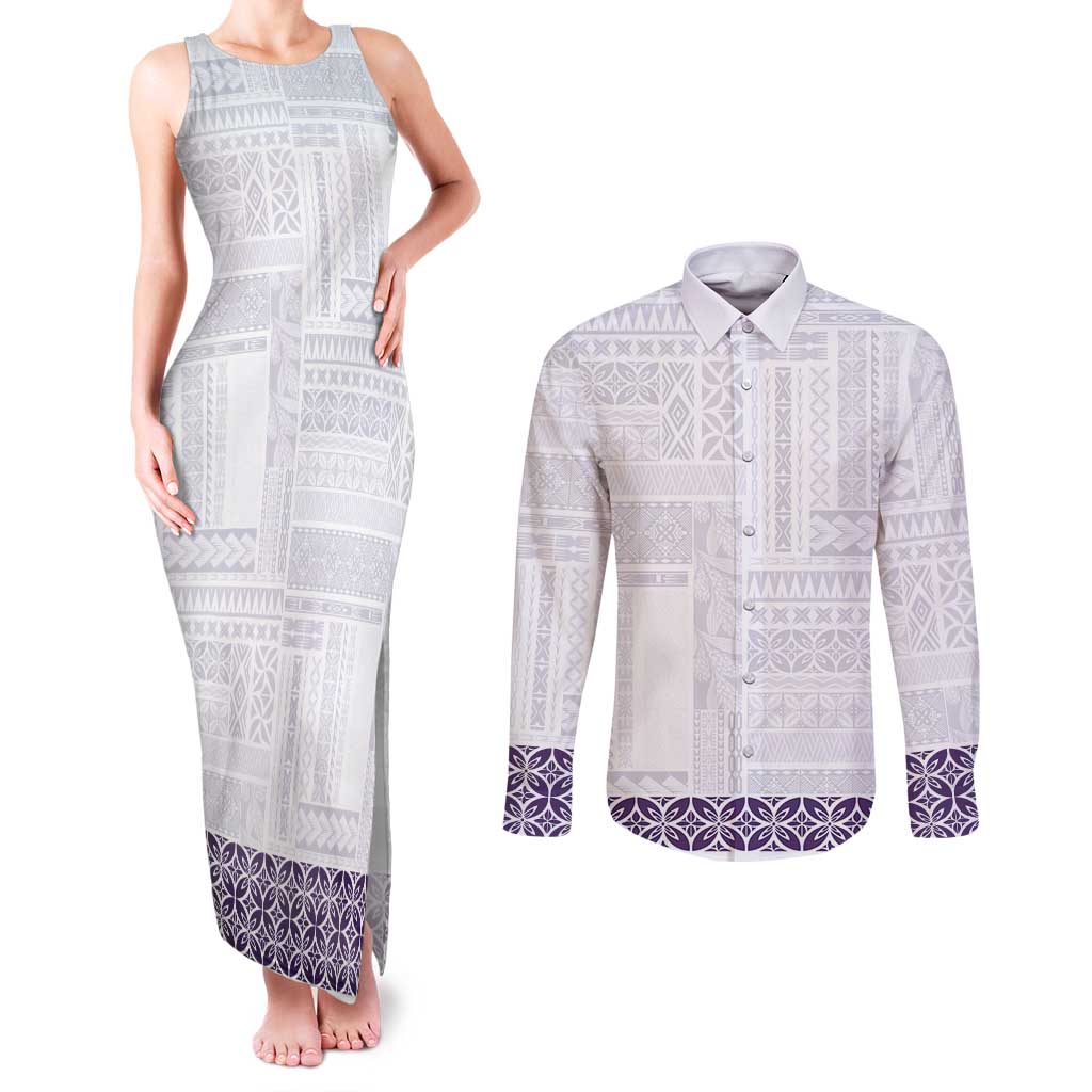 Samoa Siapo Purple Trimmed Couples Matching Tank Maxi Dress and Long Sleeve Button Shirt Samoa White Sunday - Polynesian Pride