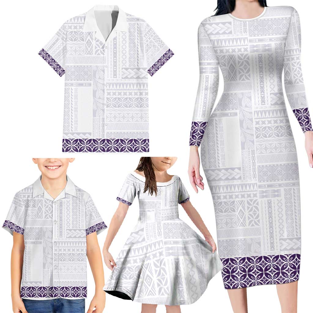 Samoa Siapo Purple Trimmed Family Matching Long Sleeve Bodycon Dress and Hawaiian Shirt Samoa White Sunday LT01 - Polynesian Pride