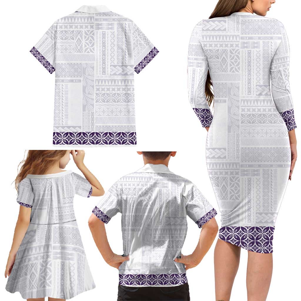 Samoa Siapo Purple Trimmed Family Matching Long Sleeve Bodycon Dress and Hawaiian Shirt Samoa White Sunday LT01 - Polynesian Pride