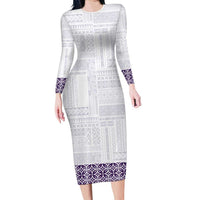Samoa Siapo Purple Trimmed Family Matching Long Sleeve Bodycon Dress and Hawaiian Shirt Samoa White Sunday LT01 Mom's Dress Purple - Polynesian Pride
