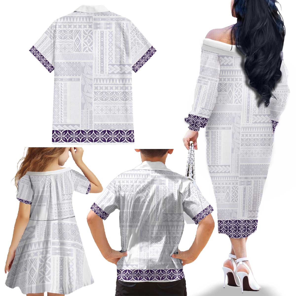 Samoa Siapo Purple Trimmed Family Matching Off The Shoulder Long Sleeve Dress and Hawaiian Shirt Samoa White Sunday LT01 - Polynesian Pride